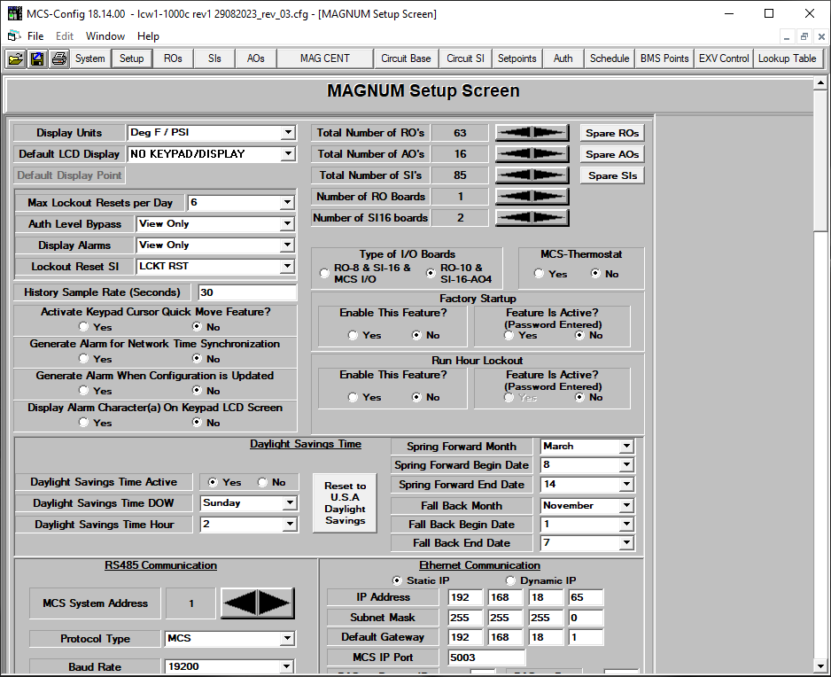 MCS-Config Setup screen